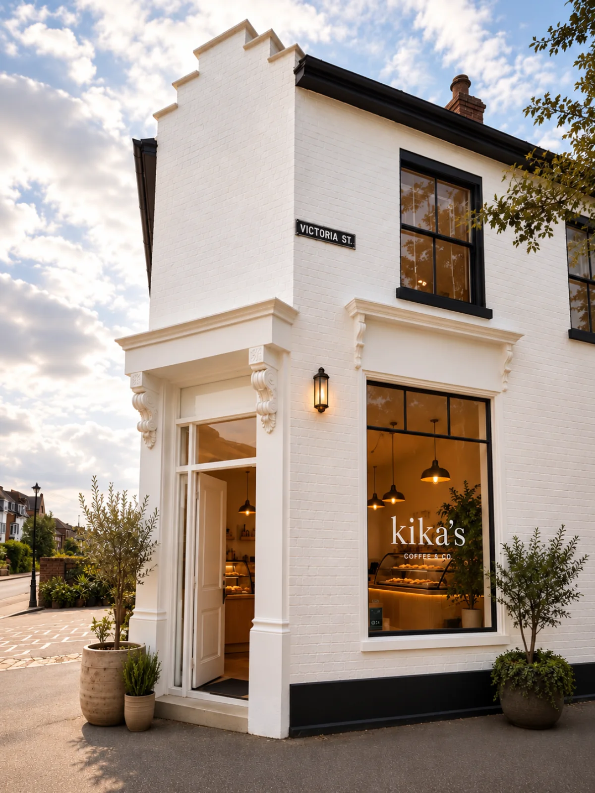 Kika’s white corner shopfront, with a striped awning and warmly lit windows